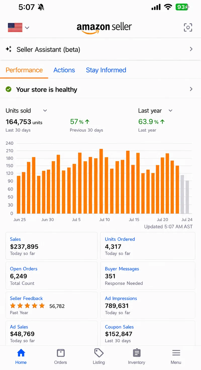 Amazon seller app dashboard M02 — identity redacted